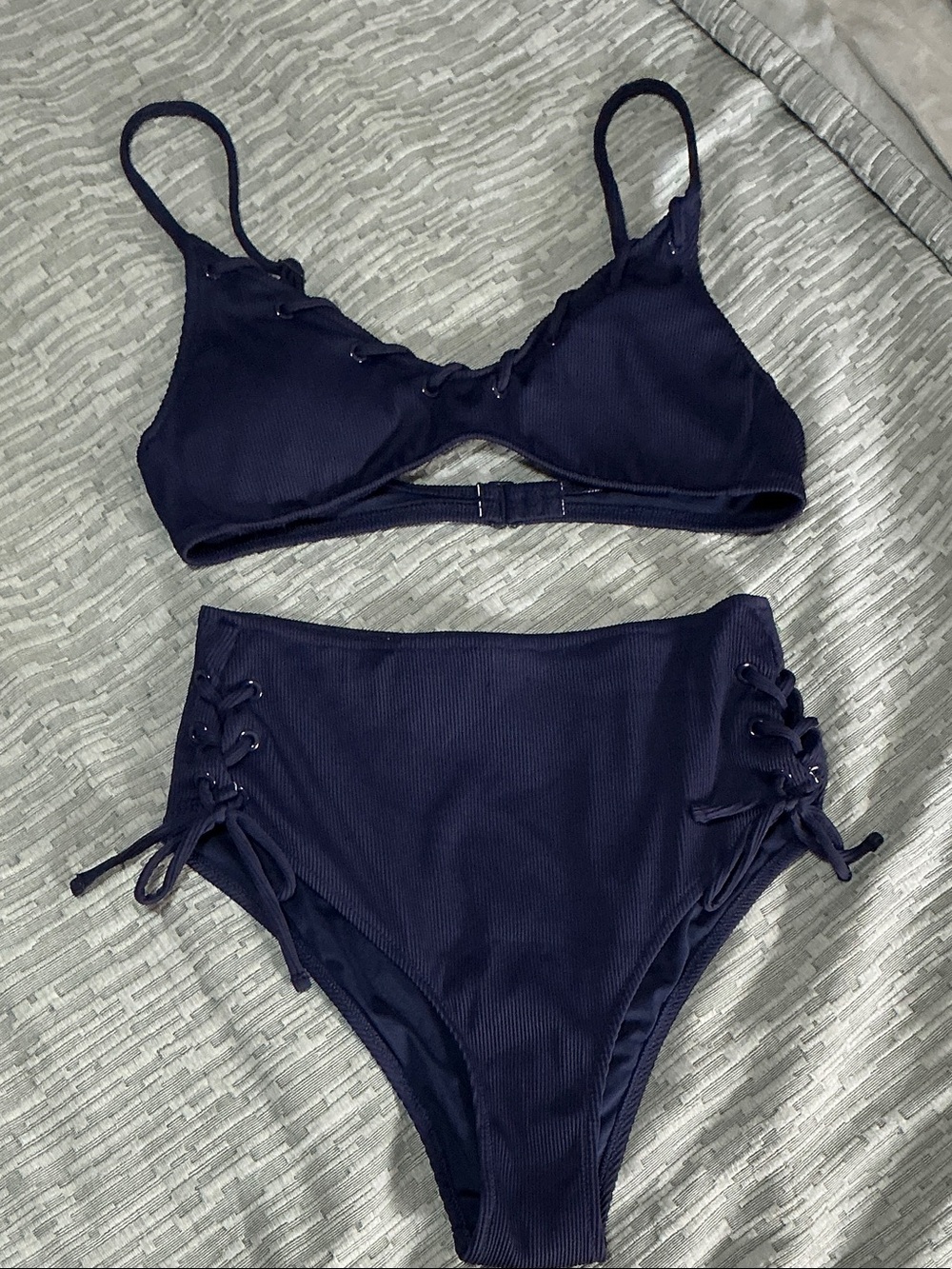 aerie Navy Ribbed Lace-Up High Waist Bikini Set